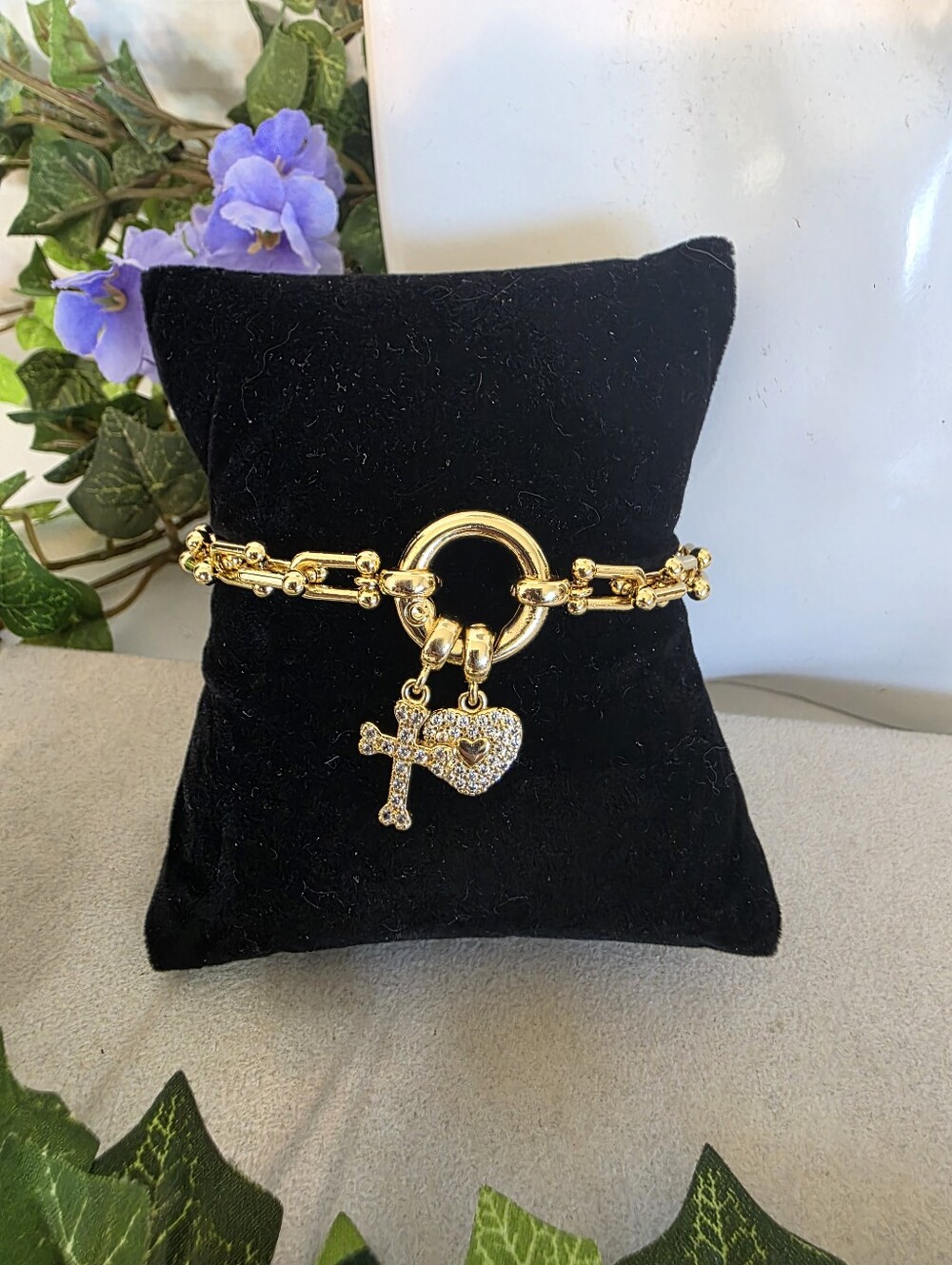 Gold Filled Graduated Gauge Hardwear Link Charm Bracelet CZ Heart Cross U Link